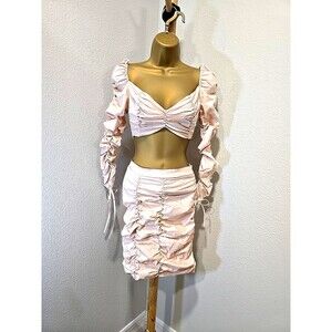 Zemeta 2 Piece Crop Top Skirt Small Ruched Pink Off Shoulder Festival Coquette